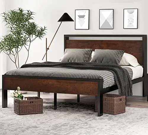 

14 Inch Queen Size Metal Platform Bed Frame with Wooden Headboard and Footboard, Mattress Foundation, No Box Spring Needed, Larg