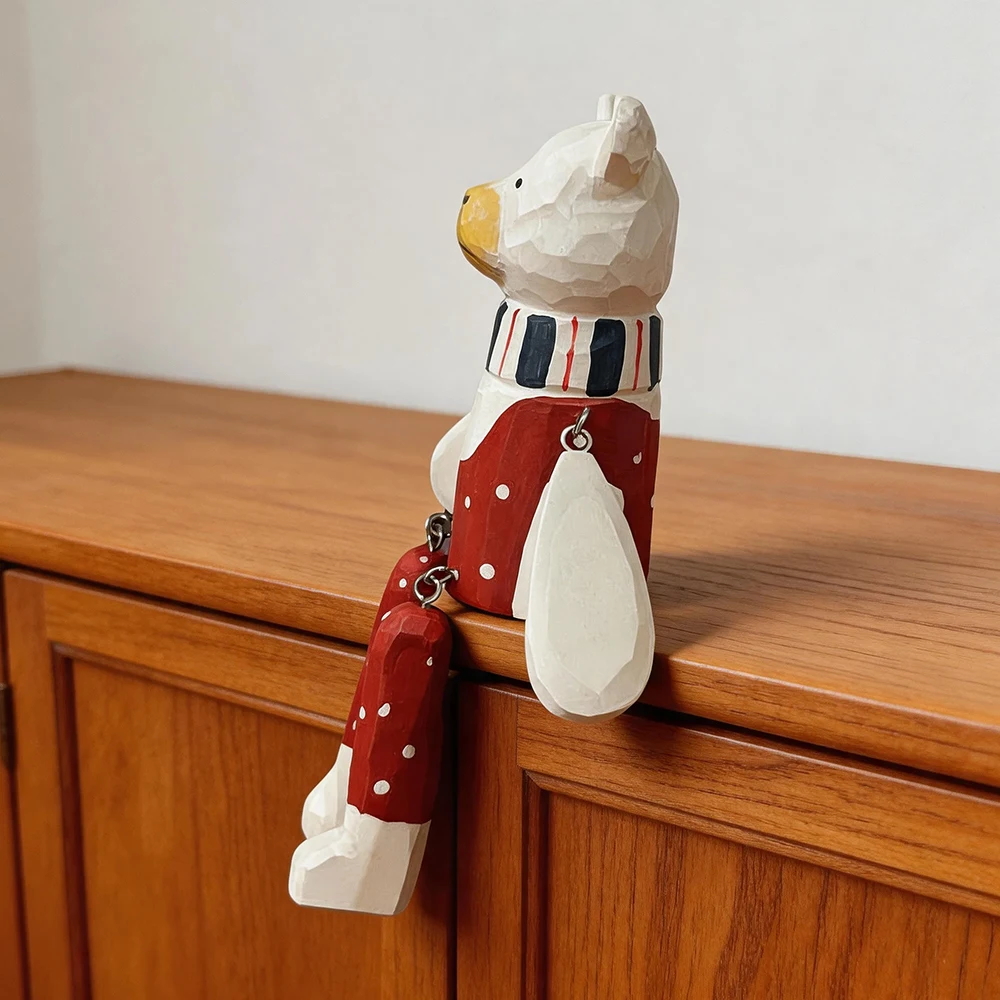 Handgeschnitzte Holzfigur Weißer Eisbär als Regaldekoration mit Beweglichen Gliedmaßen, Rustikale Heimdekoration, Weihnachtsgeschenk – Detail 3