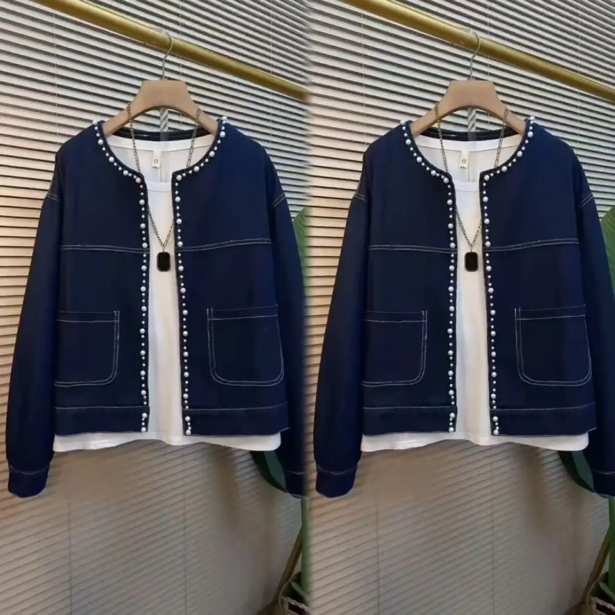 Spring Autumn New Round Neck Pearl Denim Jacket Outwear Women's Single-Breasted Top Line Loose All-Match Jeans Short Jacket Tops