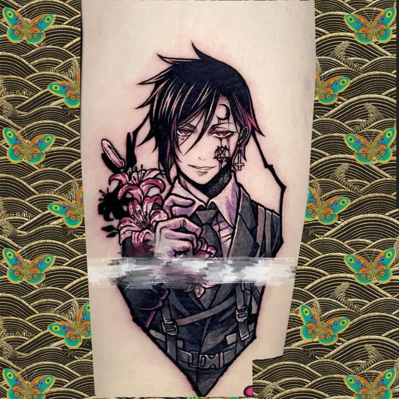 

Аниме Черный дворецкий временные татуировки для женщин и мужчин Себастьян Михаэлис переводная татуировка боди-арт водостойкие поддельные татуировки наклейки