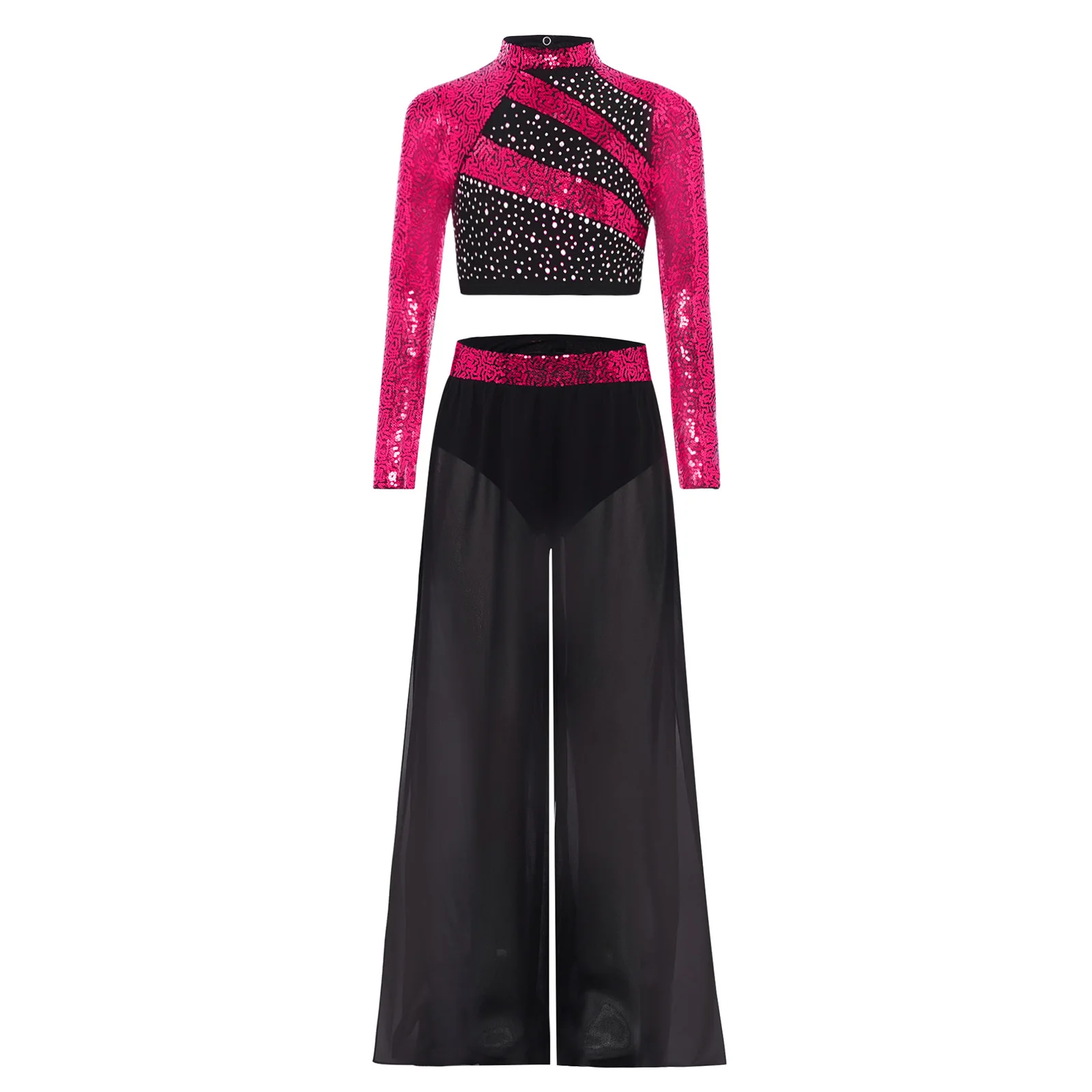 

Kids Girls Jazz Dance Costume Mock Neck Long-Sleeved Sequins Crop Top with Side Slit Pants for Stage Jazz Latin Performance
