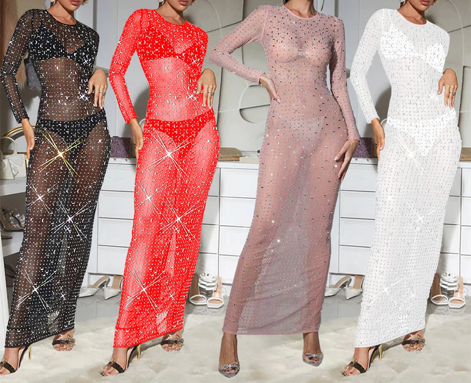 Nueva moda Sexy manga larga cuello redondo lentejuelas Color sólido ajustado vaina Split Sheer vestido hasta el suelo para mujer, 4 colores