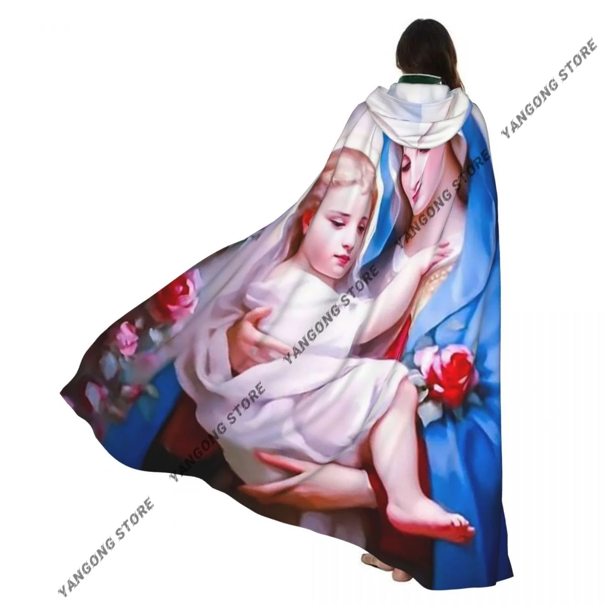 Adult Vampire Cape Hooded Robe Lady Of Guadalupe Virgin Mary Jesus Pattern Halloween Cloak Full Length Cosplay