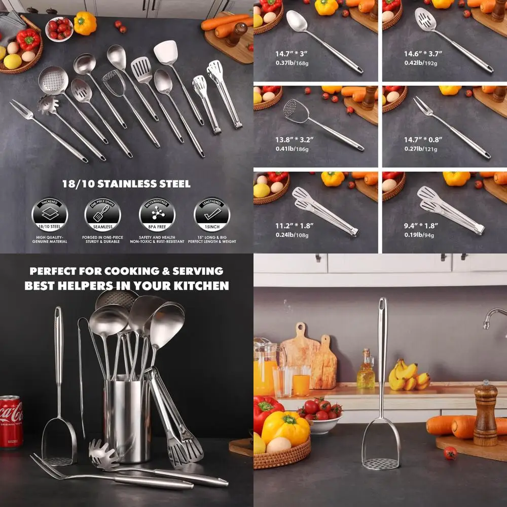 

12-Piece All-Metal Kitchen Utensil Set with 15 Serving Tools: Masher, Fork, Tongs, Turner, Pasta, Serving Spoon, Skimmer, Ladle,