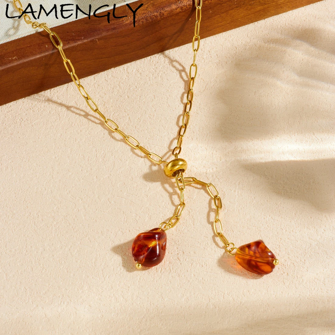 LAMENGLY 316L Stainless Steel Creative Amber Stone Adjustable Double-Headed Pendant Necklace Lady Novel Chic Neck Chain Jewelry