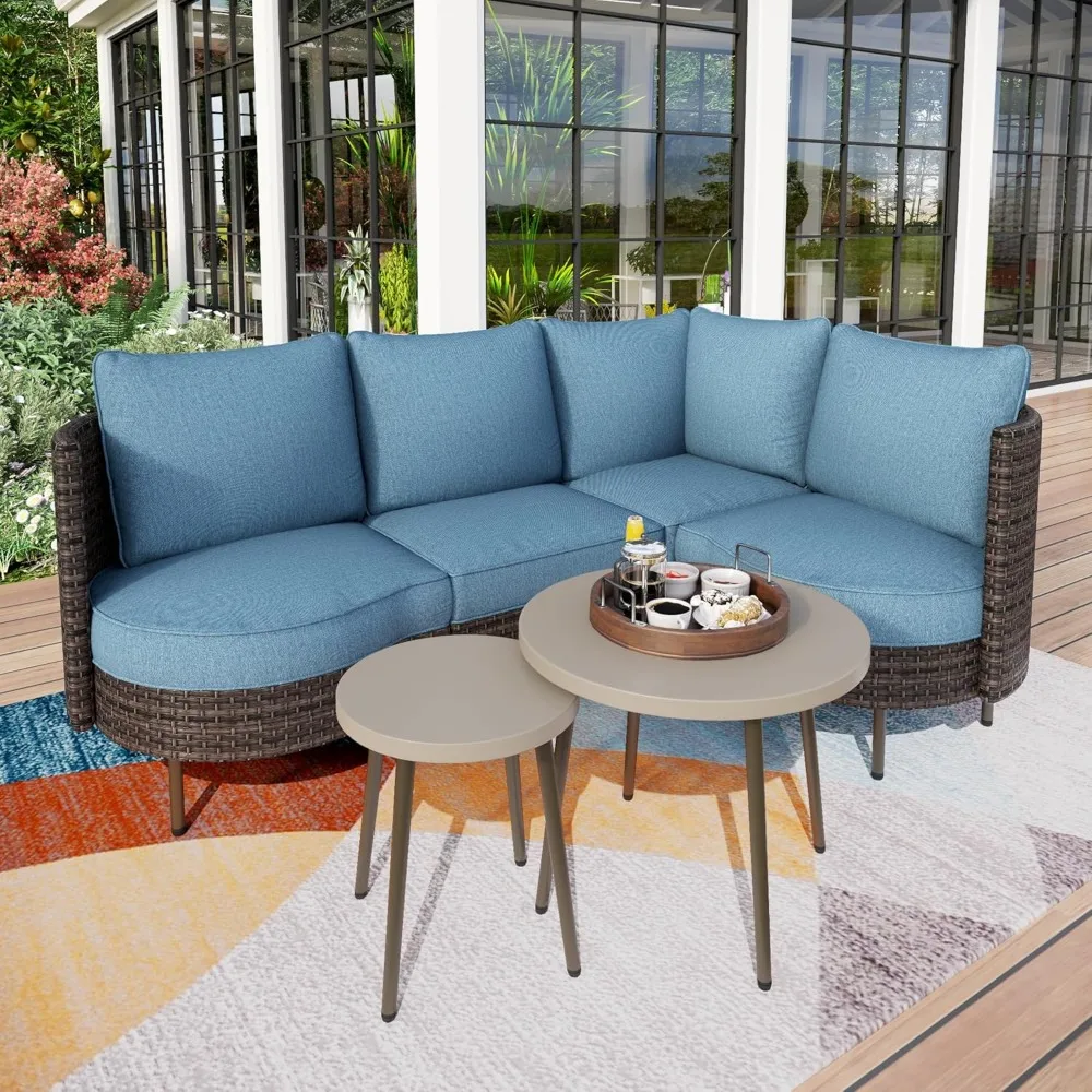 

Patio Sectional Furniture Set, Outdoor Furniture Corner Sofa Set with 2 Round Coffee Table, 4 Seats Sofa Deep Seating with Thic