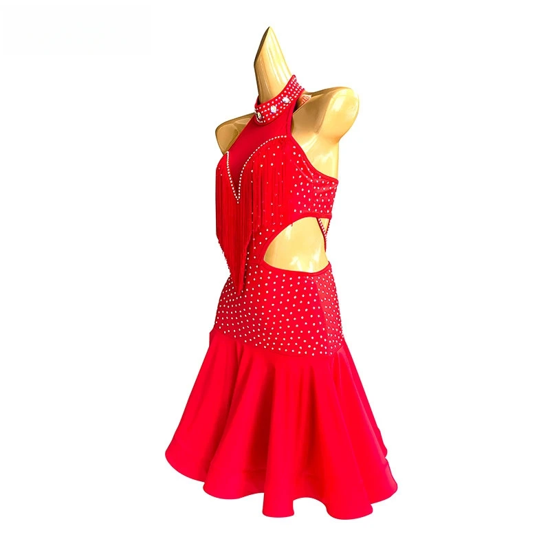 

New Red Tassel Dance Performance Clothing Women's Halter Neck Stage Performance Clothing Cha Cha Dance Competition With Bracelet
