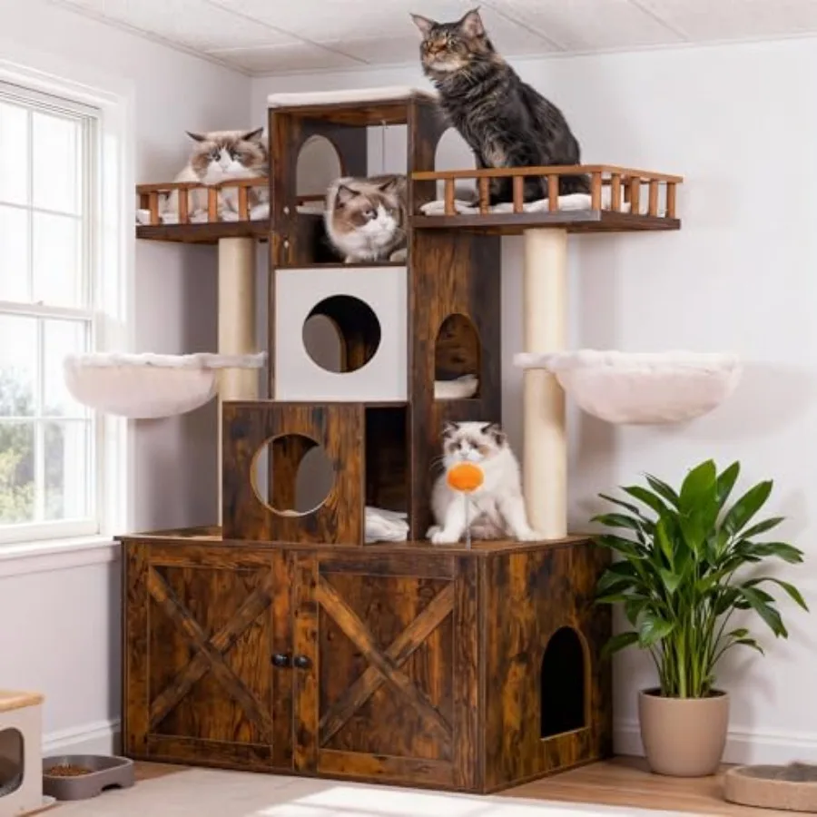 

Кошачий комплекс с лотком для туалета для крупных кошек весом до 9 кг, прочная современная мебель для кошек, деревенский стиль, коричневый, HCT110SR