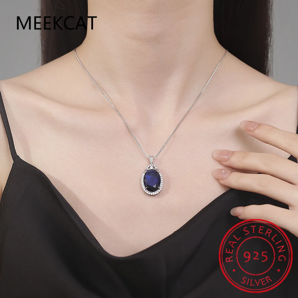 Big Oval Cut Created Blue Sapphire 925 Sterling Silver Pendant Necklace for Women Fine Jewelry Gemstone Choker Colar de Prata