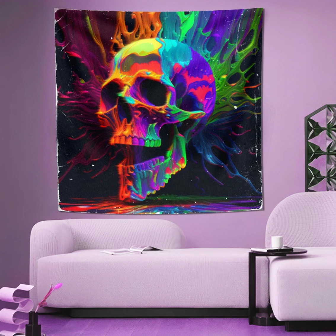 1pc UV skull tapestry, colorful flames, fluorescent withered branches, terrifying atmosphere, bedroom decoration wall hanging