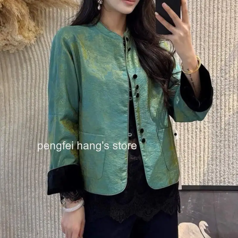 Women Chinese Style Mandarin Collar Velvet Jacquard Qipao Top Long Sleeve Double Sided Wearable Shirt Jacket for Ladies