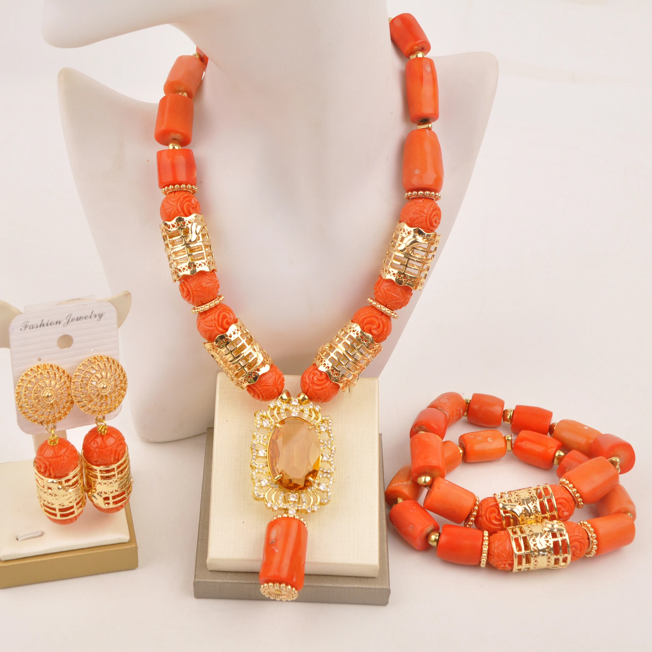 

African Coral Necklace Nigerian Beads Jewelry Set for Weddings