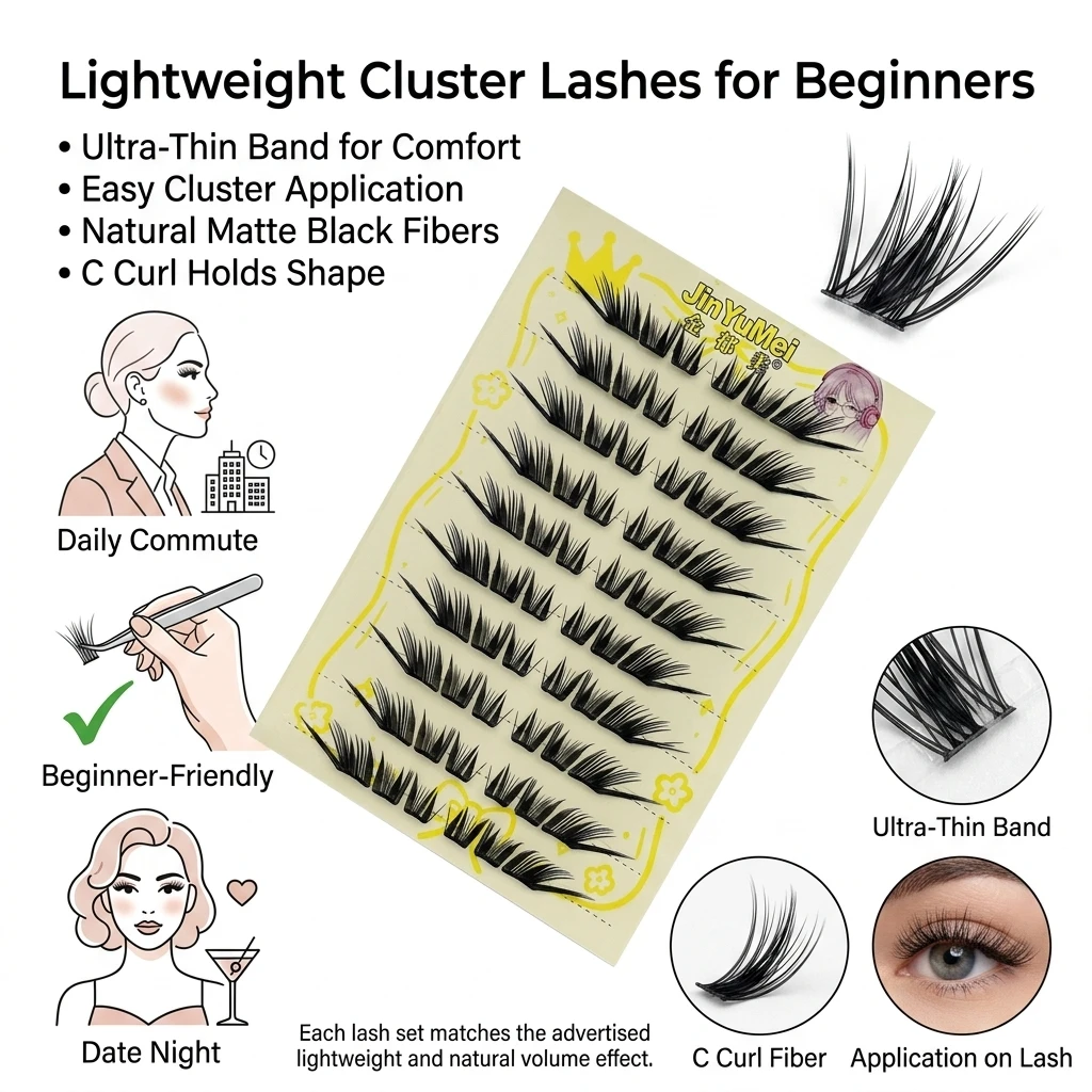 False Eyelashes Cluster Set Black Matte C Curl 9-13mm Lightweight Thin Band Dense Natural Eye Lashes Makeup