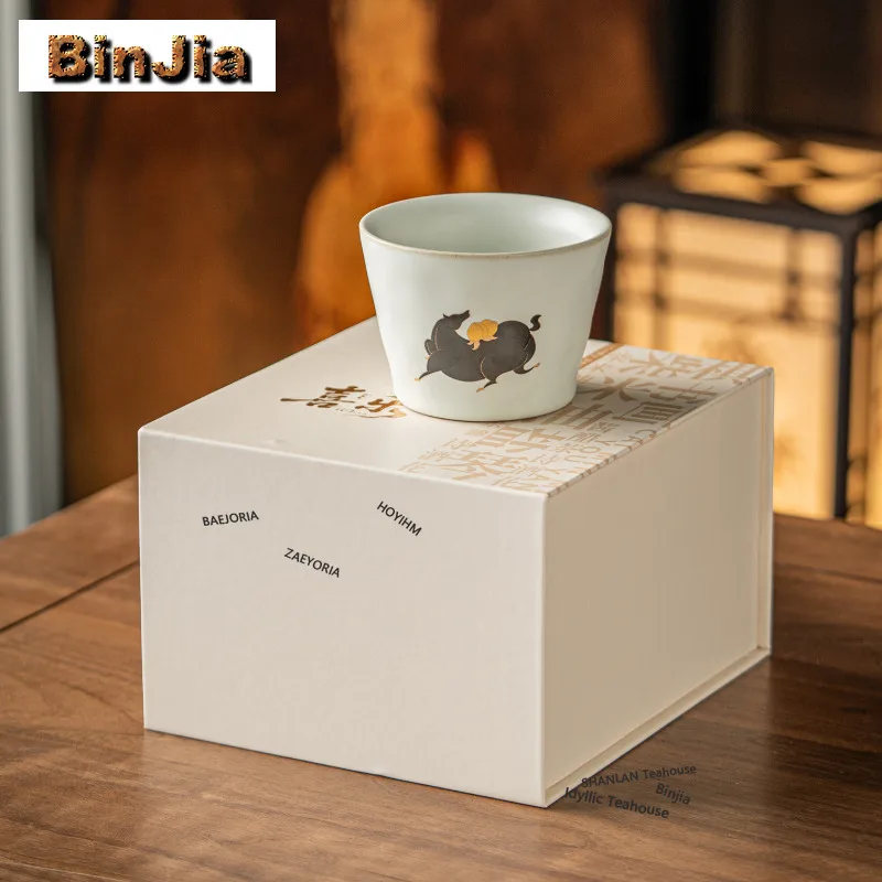 BAEJORIA 220ml Moon White Ru Kiln Horse Teacup Luxury Tea Bowl Tea Cup Set Tea-tasting Meditation Cup Chazhan Master Cups Craft