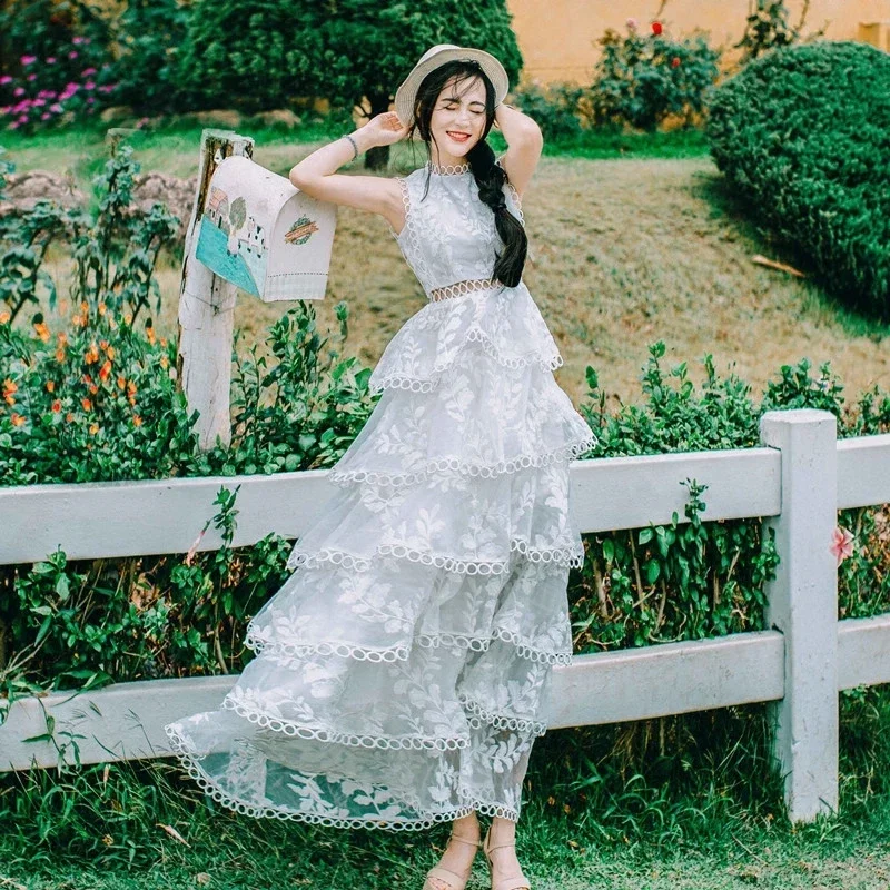 Women's Long Dress Lace Embroidery Cutout White Party Dress Long Cake Dress White Princess Birthday Party Holiday JJ620