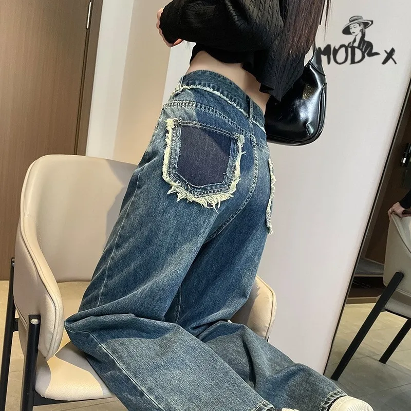 Wide-leg Jeans with Tassel for Female Raw Edge High Waist Loose Straight Pants Color Pocket Design Mopping Pants Spring New Styl