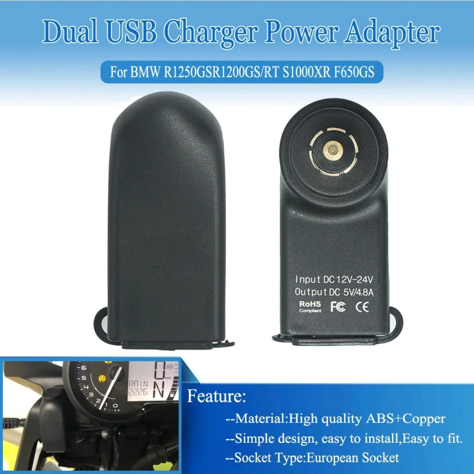 

Motorcycle Dual USB Charger Socket Cigarette Lighter Power Adapter For BMW R1200GS R1200RT R1250GS F800GS F650GS F700GS S1000XR