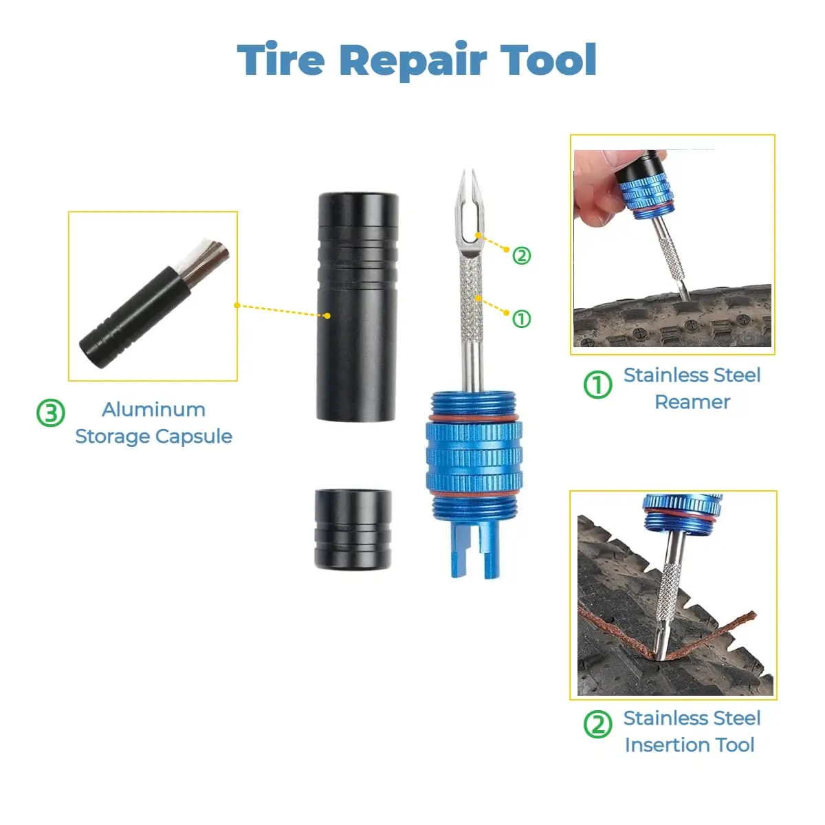 Tubeless Bike Tire Repair Kit - Portable Bicycle Puncture Tool Set – Compact Multi-Tool with Stainless Steel Reamer & Plugger view 5