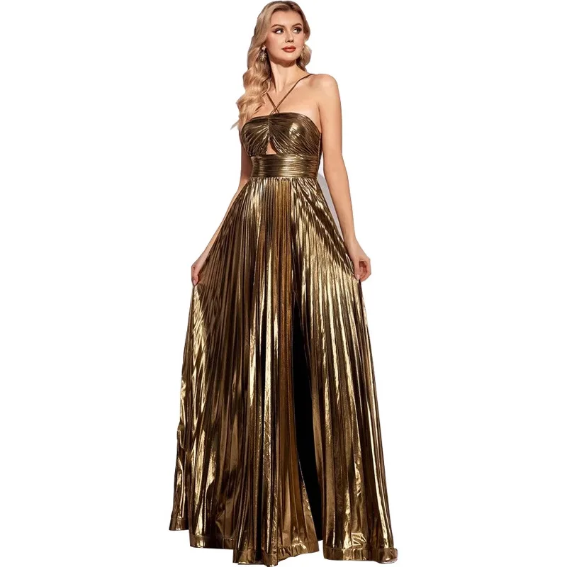 Women's Clothing Halter High Waist Long Dress Sexy Hollow Out Sleeveless Pleated Evening Dress Casual Backless Swing Robe Dress