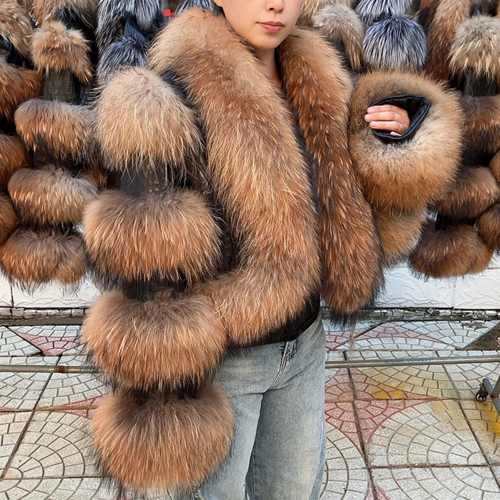 QUEENTINA Real Raccoon Fur Coat New Outwears Winter Women's Fashion Luxury Jacket Alligator Clothing Natural Fox Fur 2024