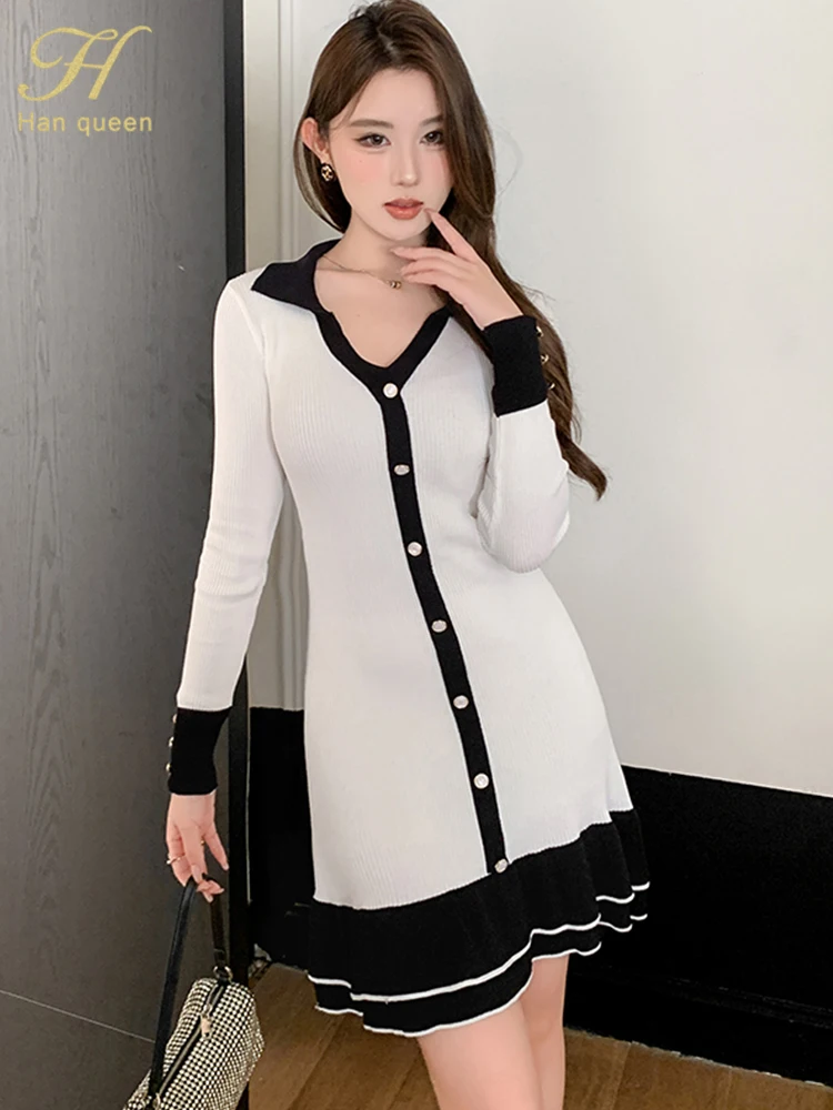 أسود أبيض المرقعة واحدة الصدر لينة فساتين الحفلات المرنة الخريف محبوك سترة كشكش غمد فستان رصاص #4