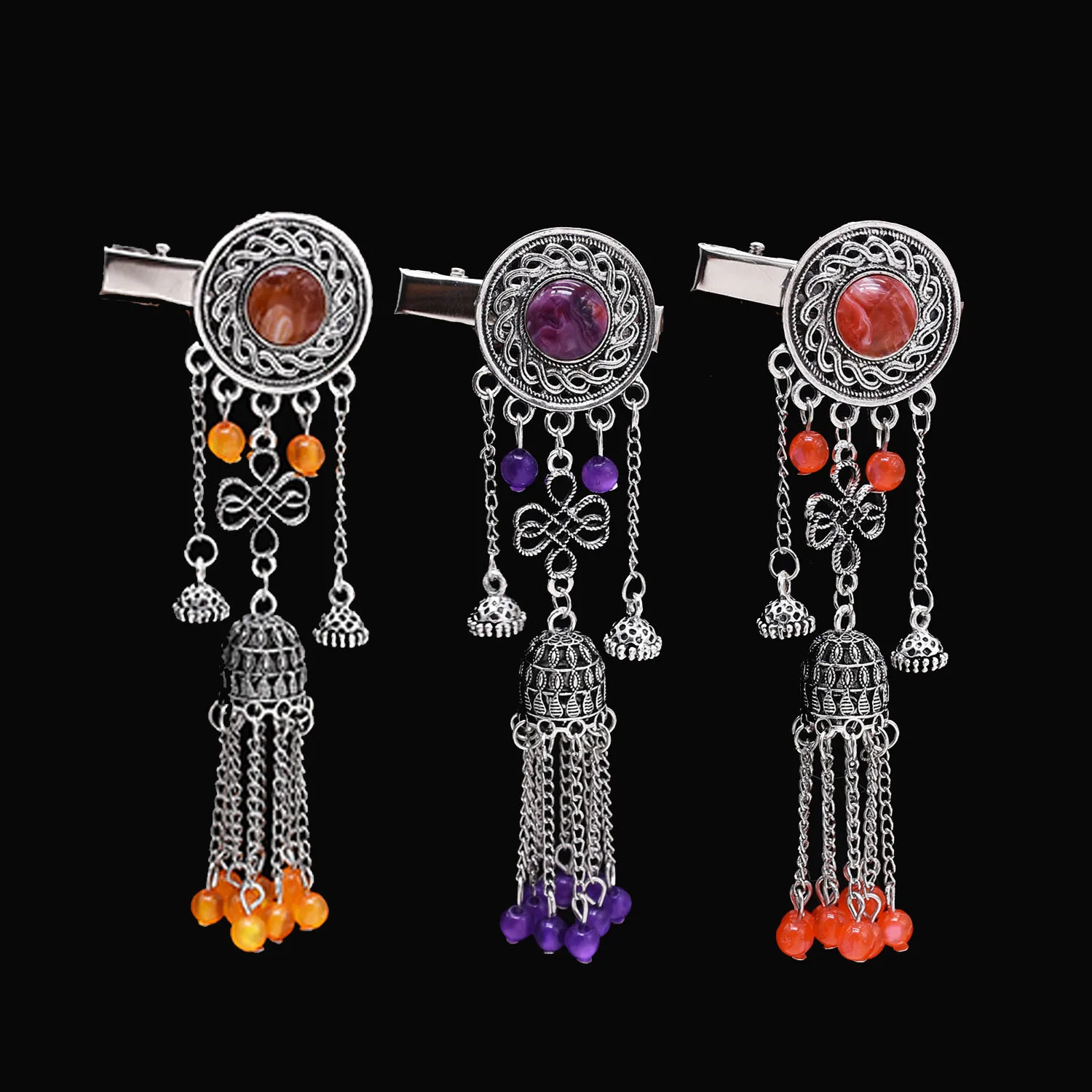 

Vintage Silver Alloy Carved Geometry Hair Clip Bohemian Ethnic Style Bead Tassel Hairpin For Women Girls Exquisite Hair Decor