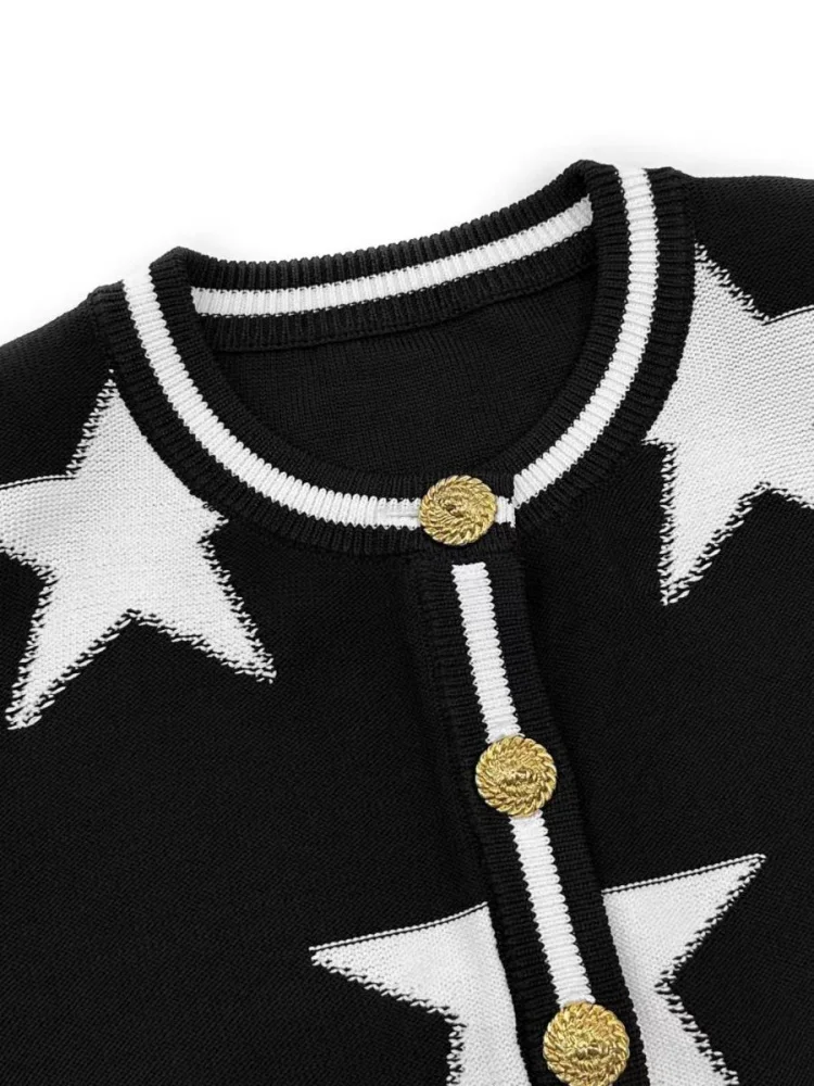 Spring and Autumn Knitted Women\'s Sweater Cardigan Luxury Brand Designer Y2K Star Jacquard Gold Button French Sandros Sweater