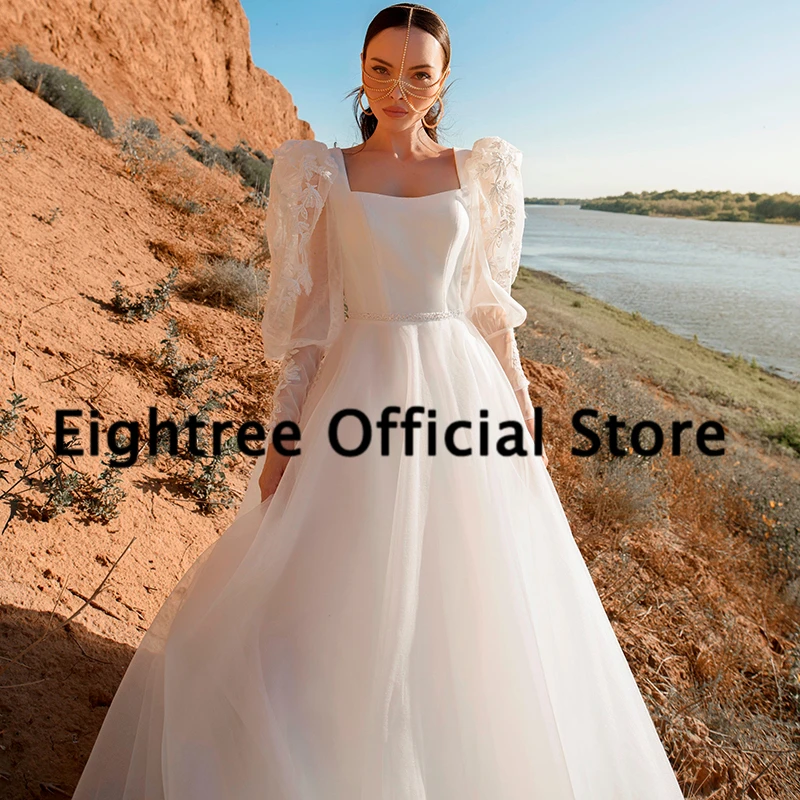 Eightree Elegant White A-Line Wedding Dresses Puff Sleeve Appliques Dress Boho Beach Tulle Wedding Evening Prom Gowns Plus Size