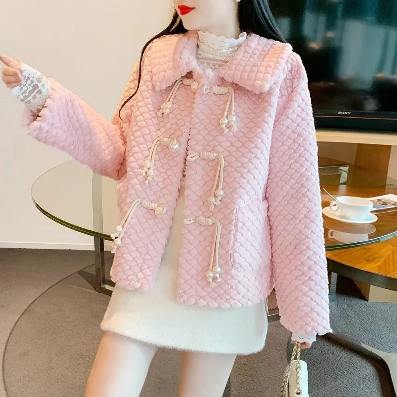 Women's Short Style Xiaoxiangfeng Lamb Wool Jacket 2024 Winter Female Temperament Thickened Warm Fur Integrated Faux Fur Top