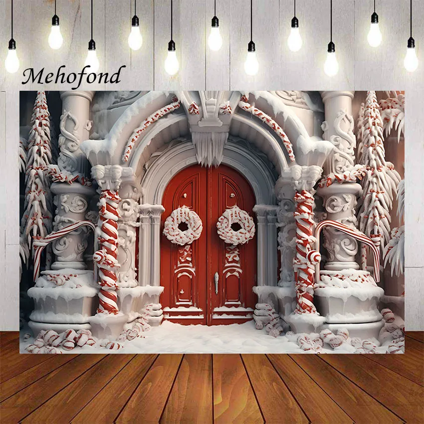 Mehofond Photography Background Winter Christmas Red Wood Door Candy Xmas Party Kids Family Portrait Decor Backdrop Photo Studio