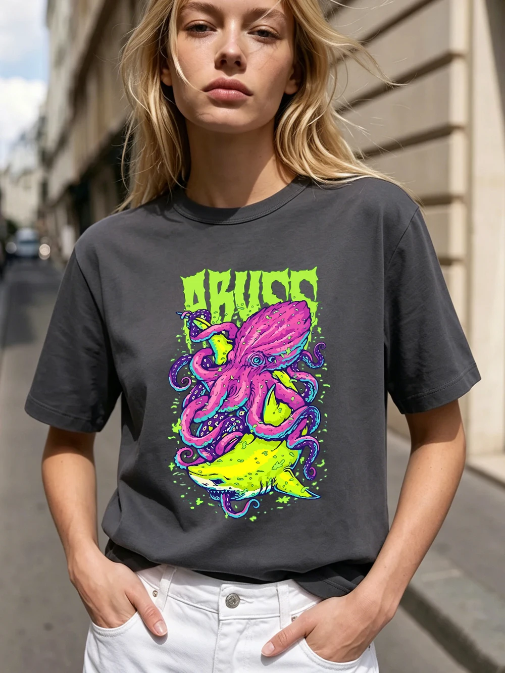 Abuzz Lila Tintenfisch Bedruckte T-Shirts Baumwolle Damen Sommer Kurzarm T-Shirts Weiche Basic Oversized Tops Lässige O-Neck Kleidung – Detail 31