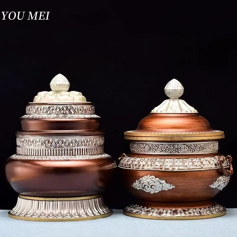 Nepal Multiple Styles and Sizes Jar,Engraving Tibetan Pattern Food Organizer Metals Storage Box,Buddhist Item Home Decorative
