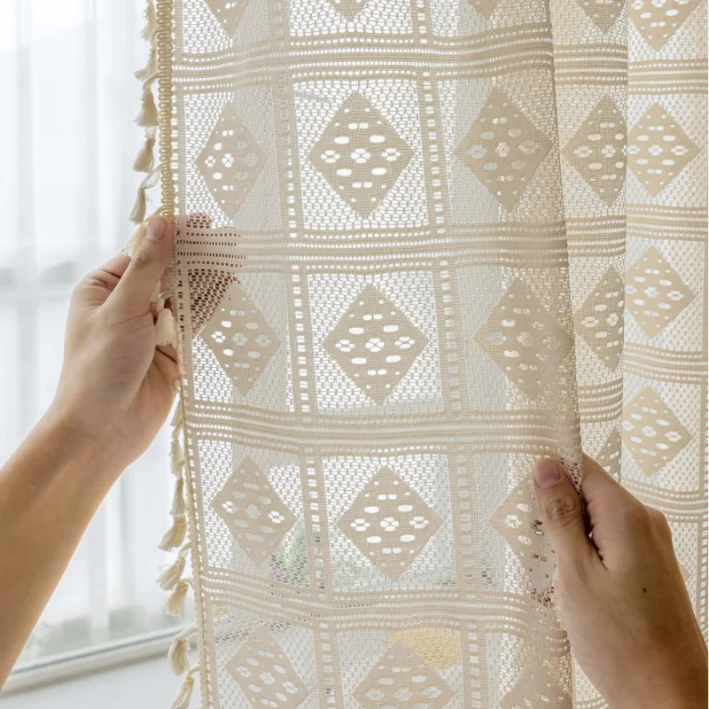 Transparent Curtain Voile, Beige, with Perforated Diamond-shaped Patterns, Suitable for Both Living Room and Bedroom.