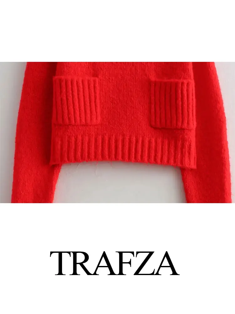 TRAFZA Autumn Pullovers For Women Fashion Knitting Long Sleeves Sheath Short Sweaters Female Vintage High Street Women\'s Tops