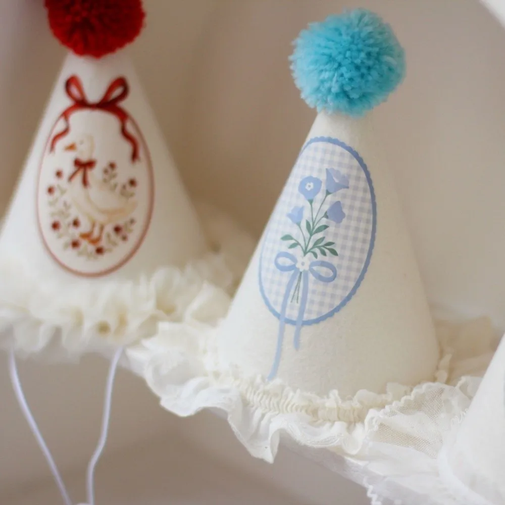 Cute Headwear Birthday Hat Princess Style Photo Props Wool Ball Cap Lace Flower Blue Hat Birthday