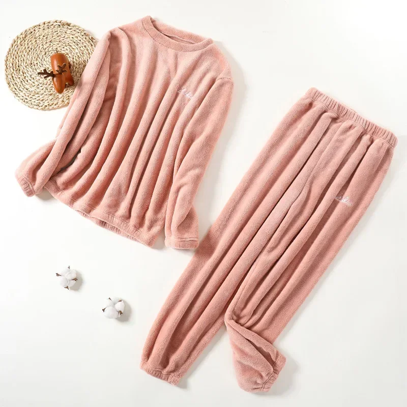 Autumn and Winter Pajamas Pajamas Thickened Two-piece Set Outside The Large Size Coral Velvet Warm Padded Loose Homewear Women