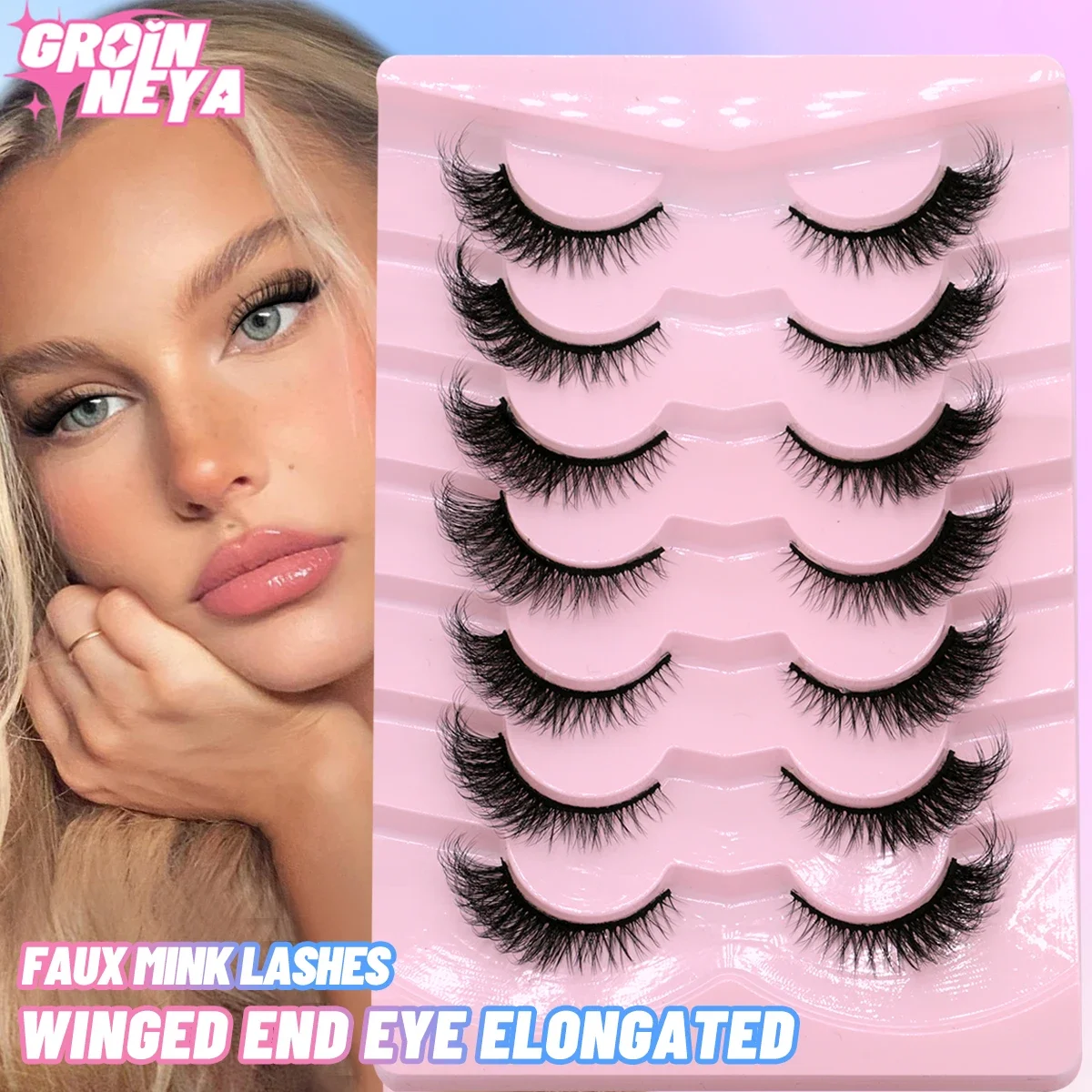 GROINNEYA Cat Eye Lashes Faux Mink Eyelashes Winged End Eye Elongated Eyelashes Fake Lashes Soft Natural long Volume Mink Lashes