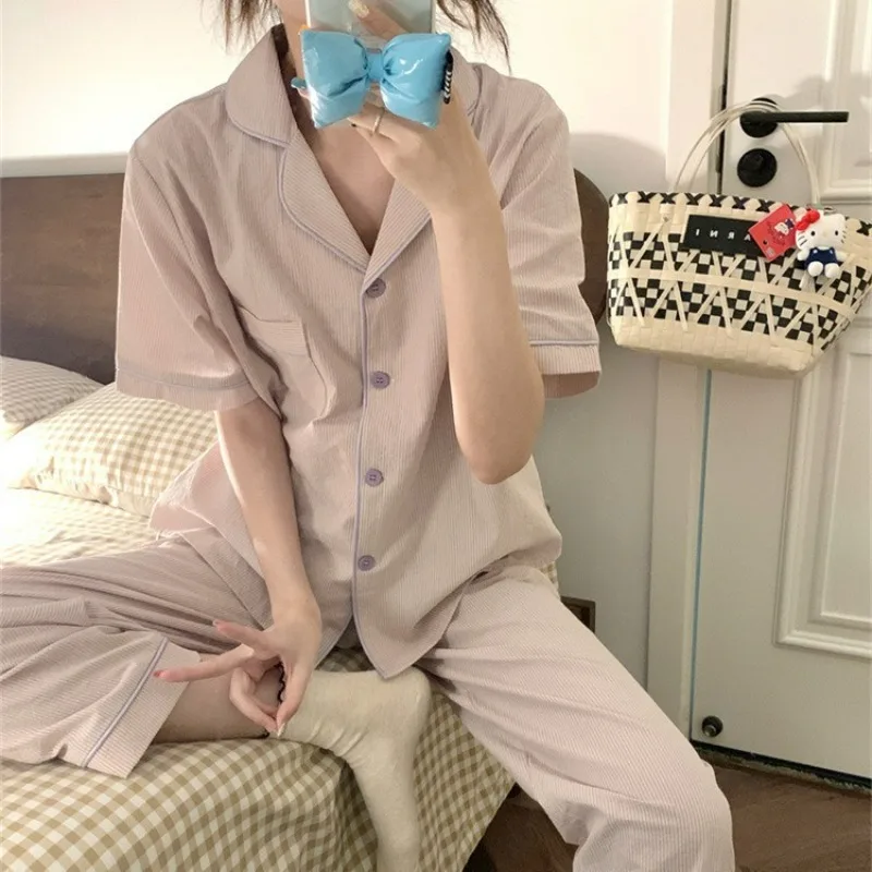 Pocket Sleepwear Women Korean Reviews Many Pajama Sets Short Sleeve Pyjamas 2 Pieces Pants Set Piiama Turn Down Collar Home Wear