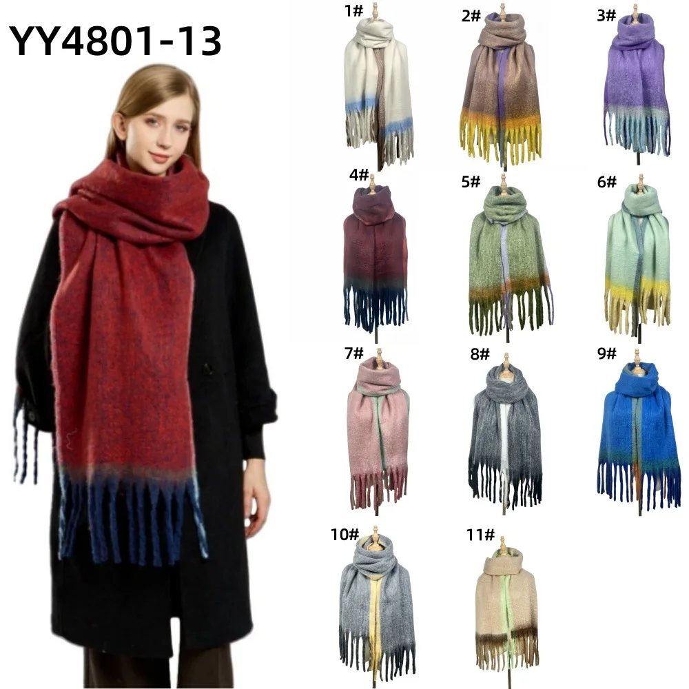 Women Simple Border Solid Color Scarf Faux Cashmere Tassel Shawl Warm Contrast Color Neck Wrap for Autumn Winter Cold Protection