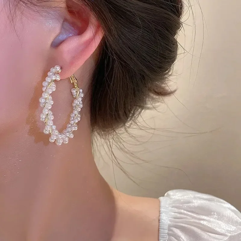 Korean Fashion Weaving Twisted Imitation Pearl Large Ring Earrings Women's Elegant Temperament Jewelry Holiday Party Accessories image 3