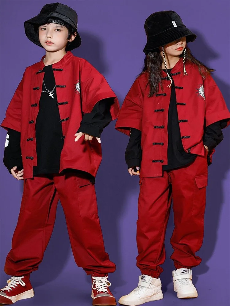 

Kid Chinese Tradition Wine Red Red Kung Fu Tang Suit Shirt Casual Jogger Pants for Girl Boy Hip Hop Jazz Dance Costume Clothes