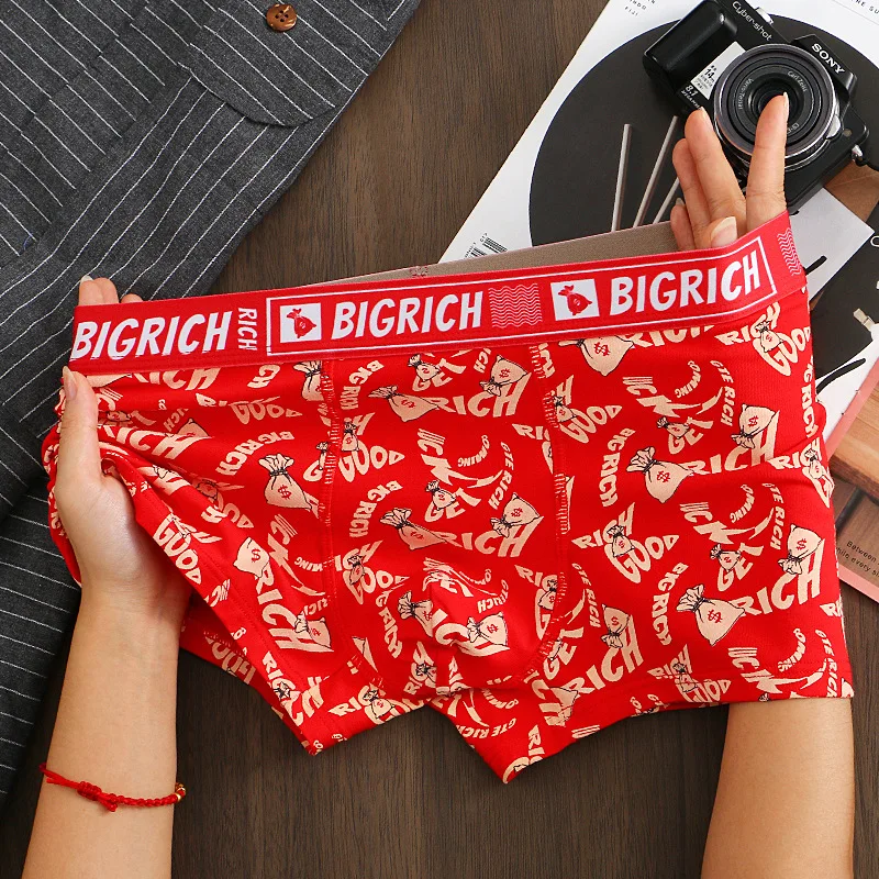 2024 new natal year, New Year\'s trend printed men\'s underwear pure cotton bright red seamless comfortable men\'s boxers