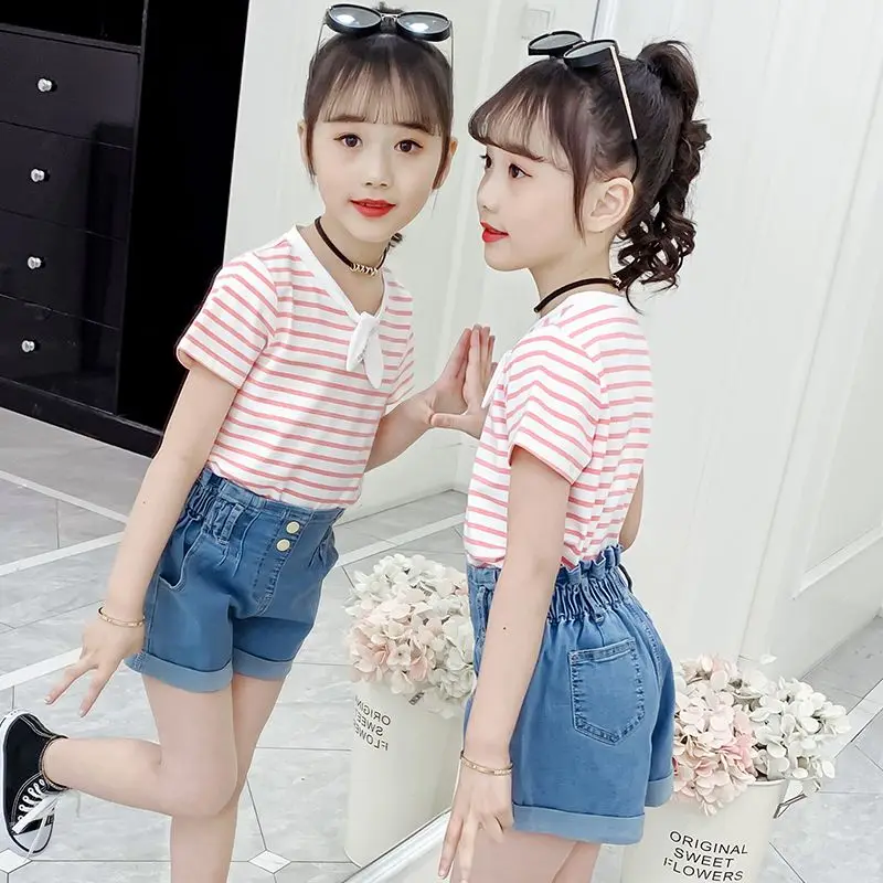 Girls Short Sleeve T Shirt Summer 2026 New Kids Striped Undershirt Korean Style Girl Wide Campus Style Cotton Top