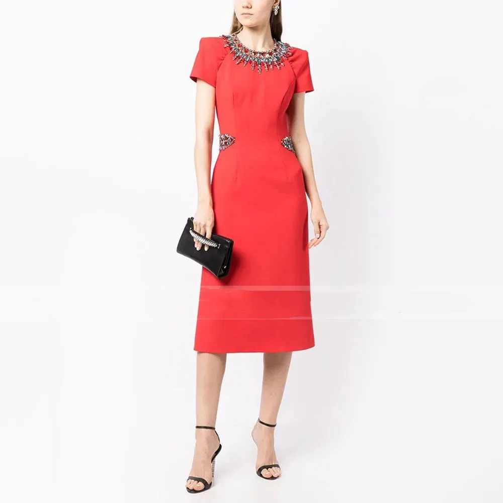 Luxury Cocktail Dresses Orange Red Crystal O Neck Column Women's Cocktail Gowns Midi Tea Length Short Sleeves Sheath Party Dress