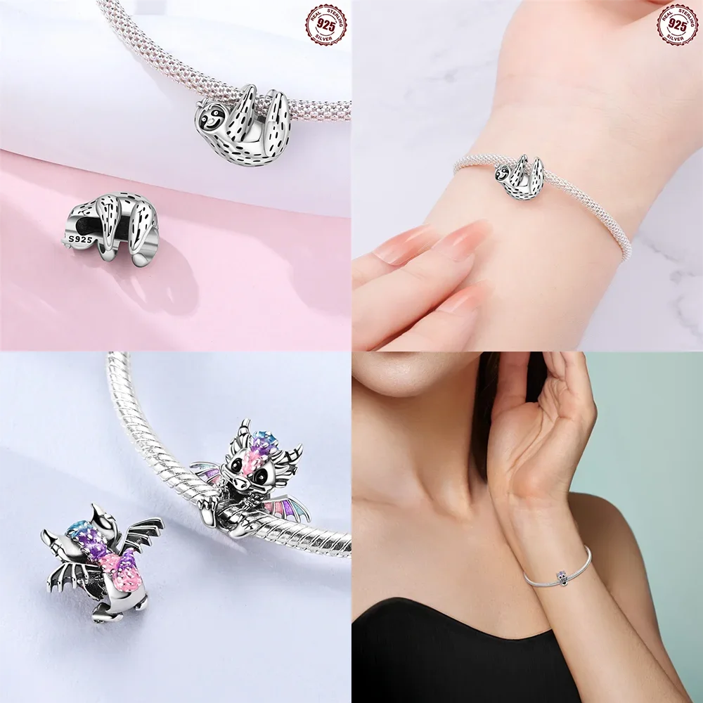 رائعة 925 الفضة الحيوان سحر الوردي الحب الزركون القط البومة الألماني الخرز صالح الأصلي سوار DIY بها بنفسك النساء خاتم هدايا مجوهرات أنيقة #3