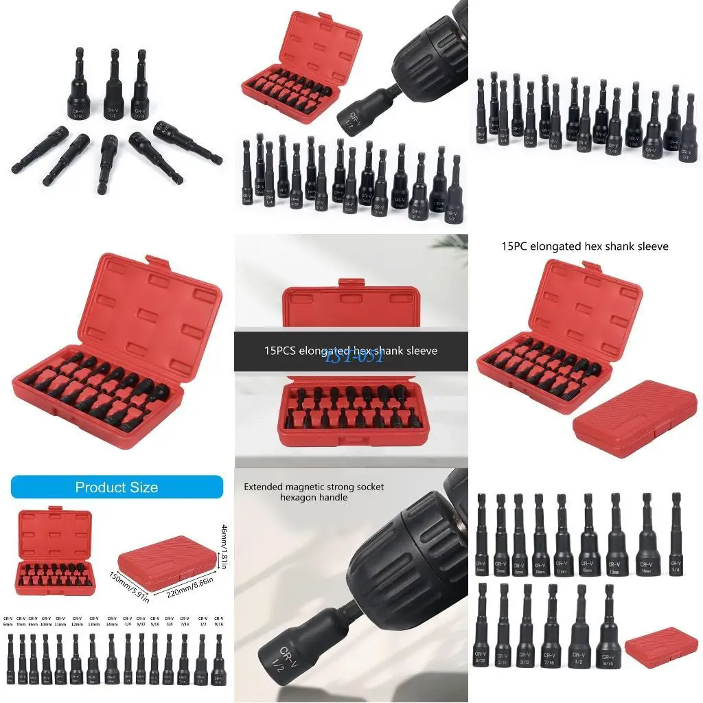 

E15A 15Pcs Nut Driver Set Impact Power Nut Driver Drill Bit Quick Changes Screwdriver Extension Rod Insert
