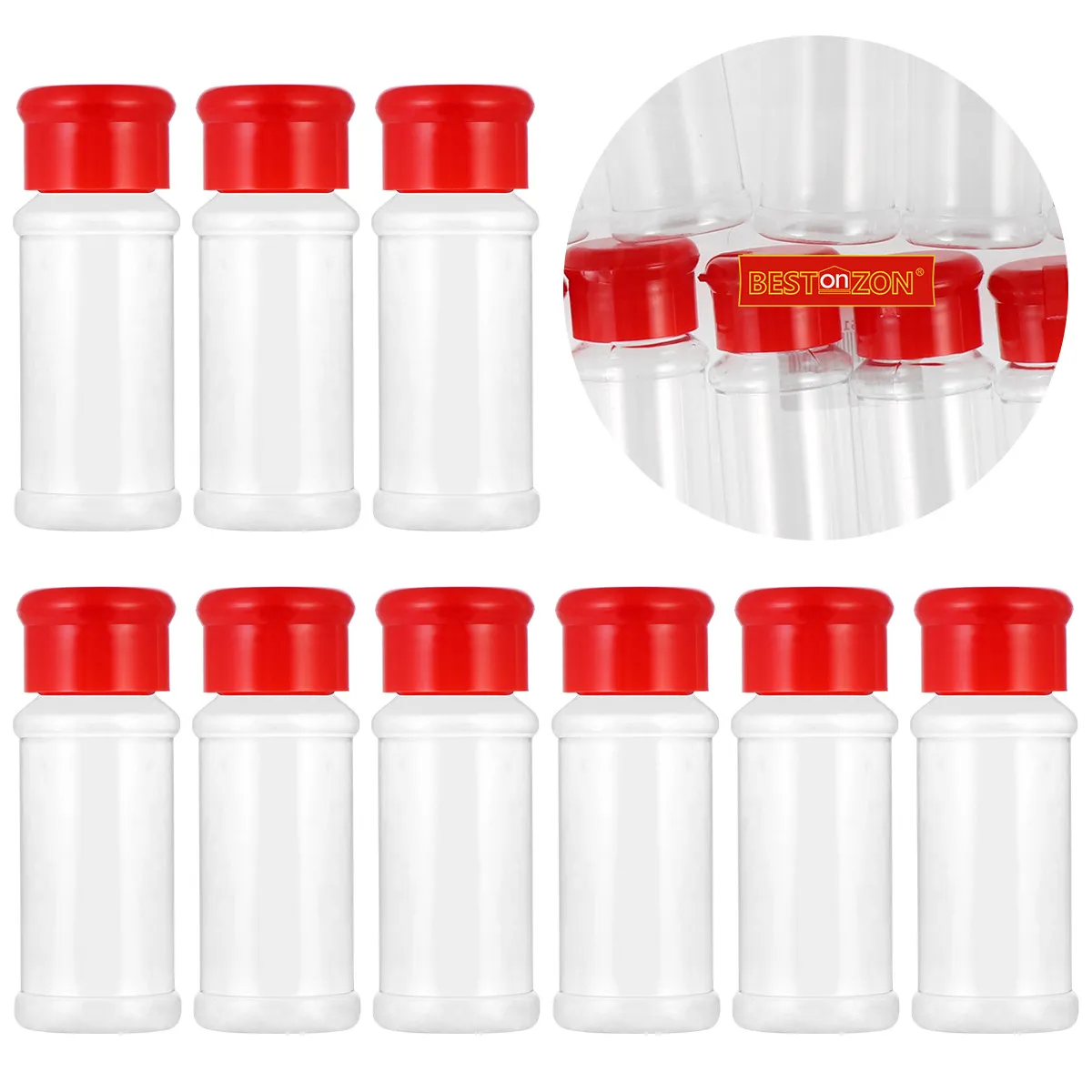 12Pcs Plastic Spice Shakers Set with Rotating Lid Food Grade Transparent Seasoning Jars for Salt Pepper Sugar Cheese Cocoa