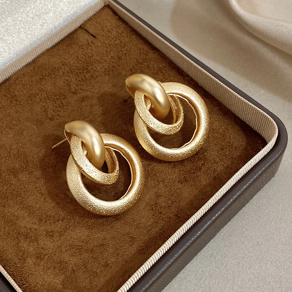 Greatera Three-ring Twisted Frosted Earrings New Metal Alloy Circular Interwoven Style European American Women's Ear Accessory