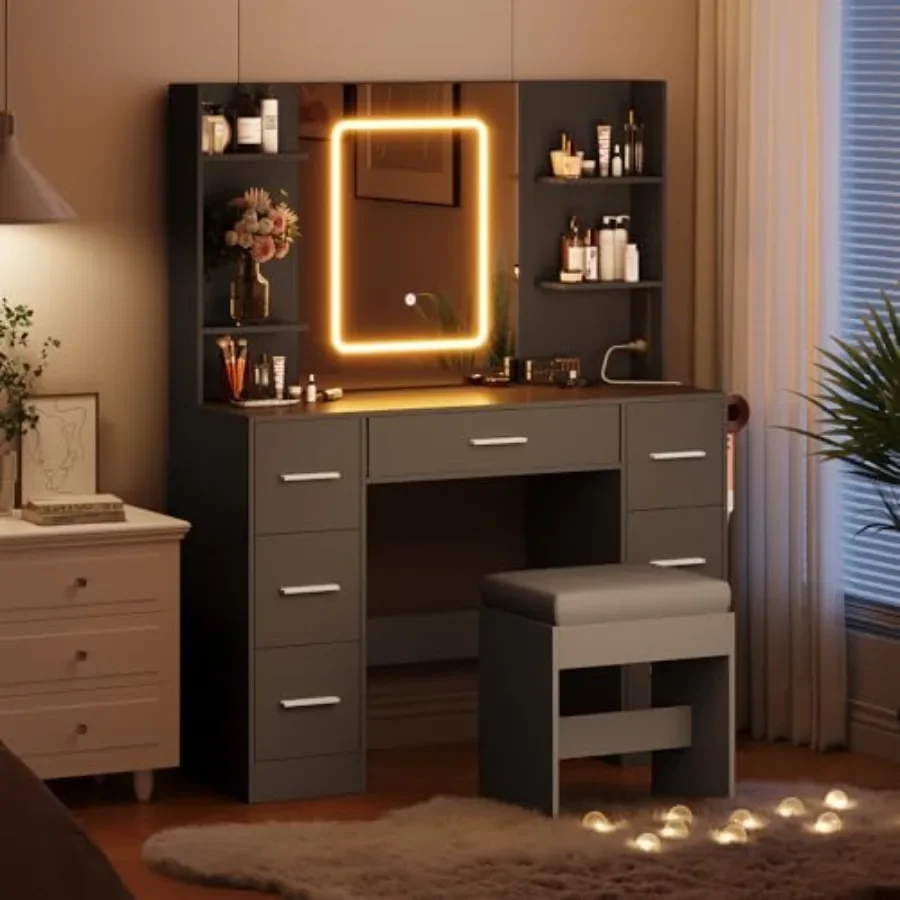Bedroom makeup vanity with mirror and chair, MDF wood, white, 7 drawers, power outlet, hairdryer holder, 3 adjustable lighting