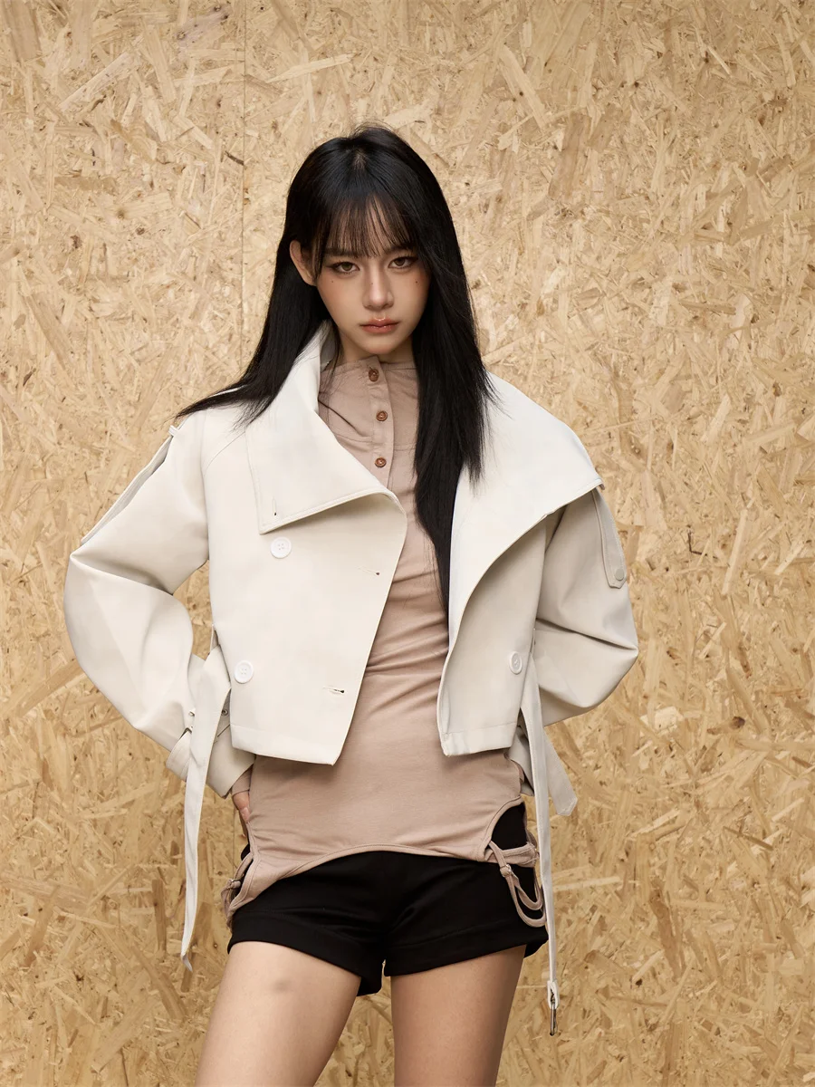 American Retro Sle ort Leather Jaet Women's Double Row Button Slim Fit Design Spring 2026 Faion Outerwear